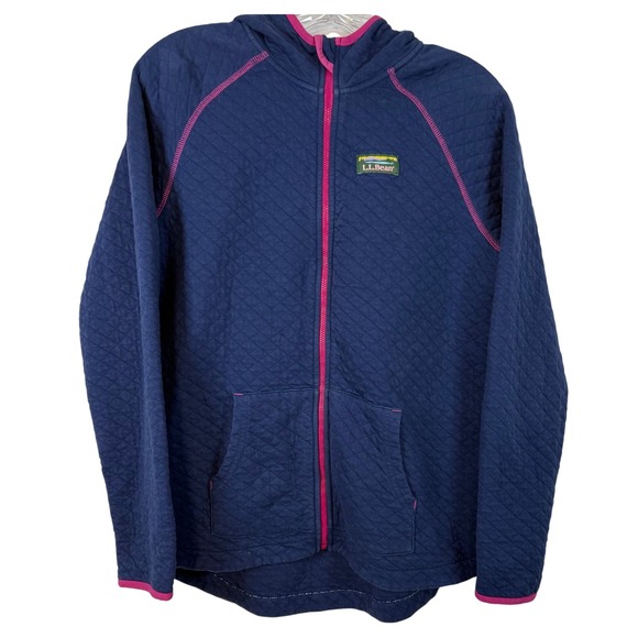 LL Bean Kids Quilted Full Zip Hoodie Jacket Girl XL (18) Blue with Pink Trim - Picture 1 of 11